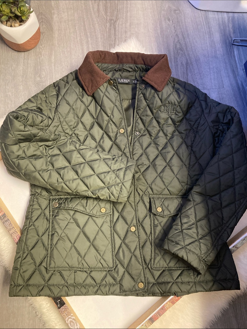Lauren Ralph Lauren Olive Green Diamond Quilted Riding Jacket Barn Farm Women L